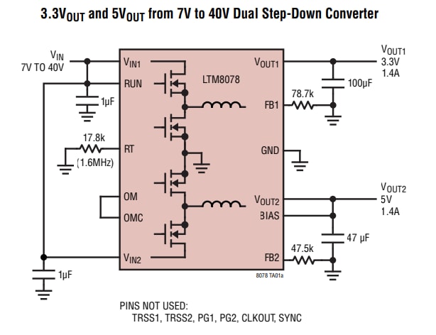 Application Circuit Diagram - Analog Devices Inc. LTM8078 40VIN Silent Switcher® µModule® Regulator